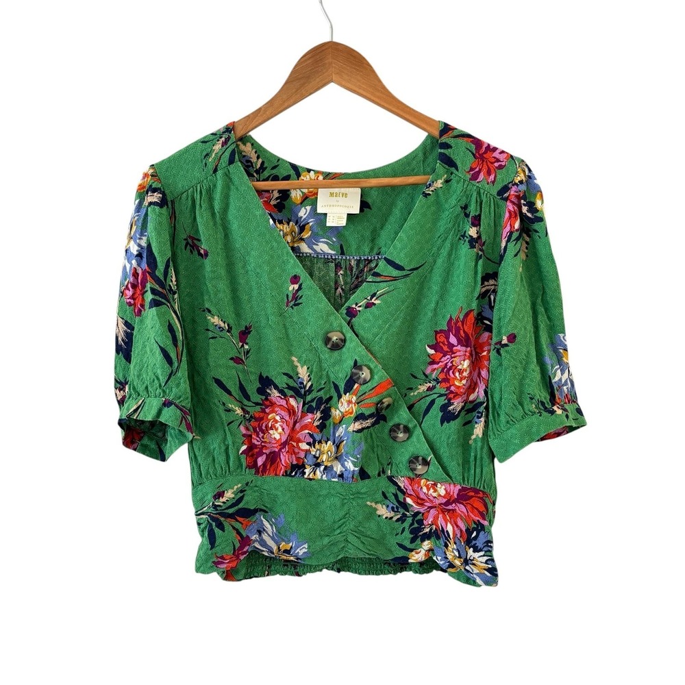 Maeve Anthropologie Madelyn Wrap Blouse Top Womens 12 Green Floral Cropped Boho